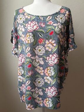 LOFT Floral Tunic Blouse Blue Pink Ruffle Sleeve Lightweight Top XXL